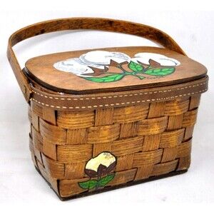 Vtg CARO NAN Basket Weave COTTON South Wood Purse Handbag Hand Painted